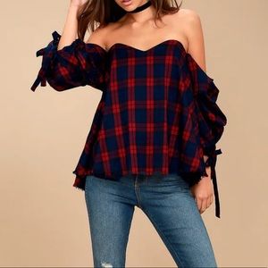Red and Navy Blue Plaid Off-the-Shoulder Top